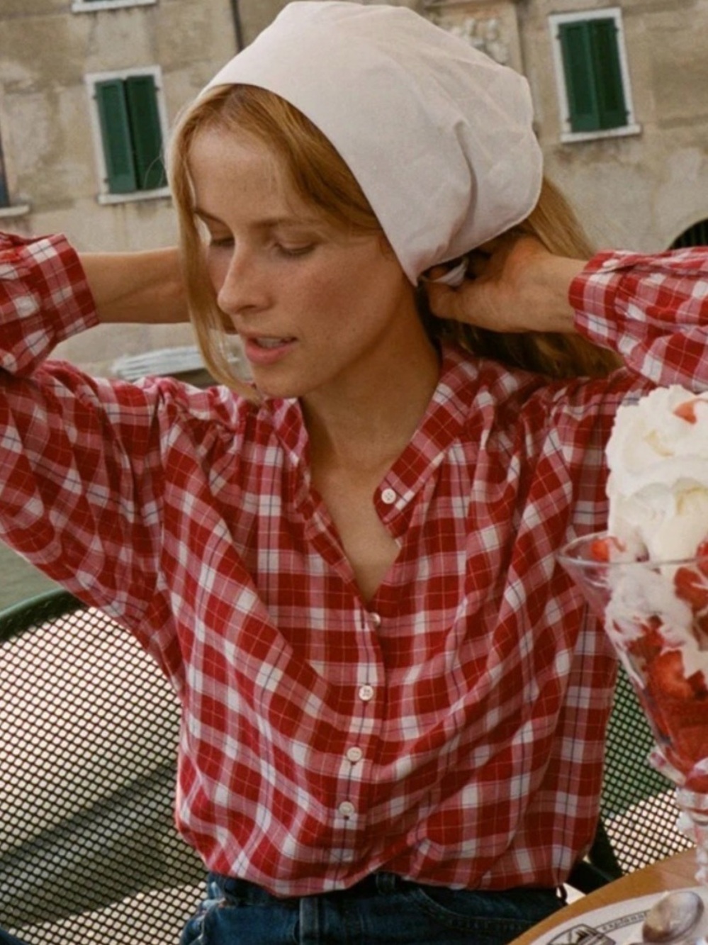 Doen Holde Cotton Button Long Sleeve Top Alsace Plaid Picnic Red White